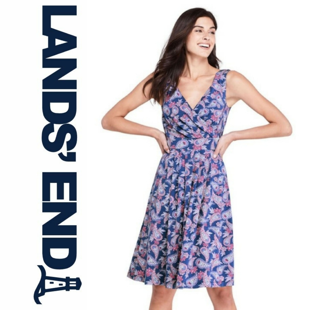 Lands' End | Knee Length Fit & Flare Dress | Blue Paisley | Medium Petite 10-12 - Picture 1 of 10